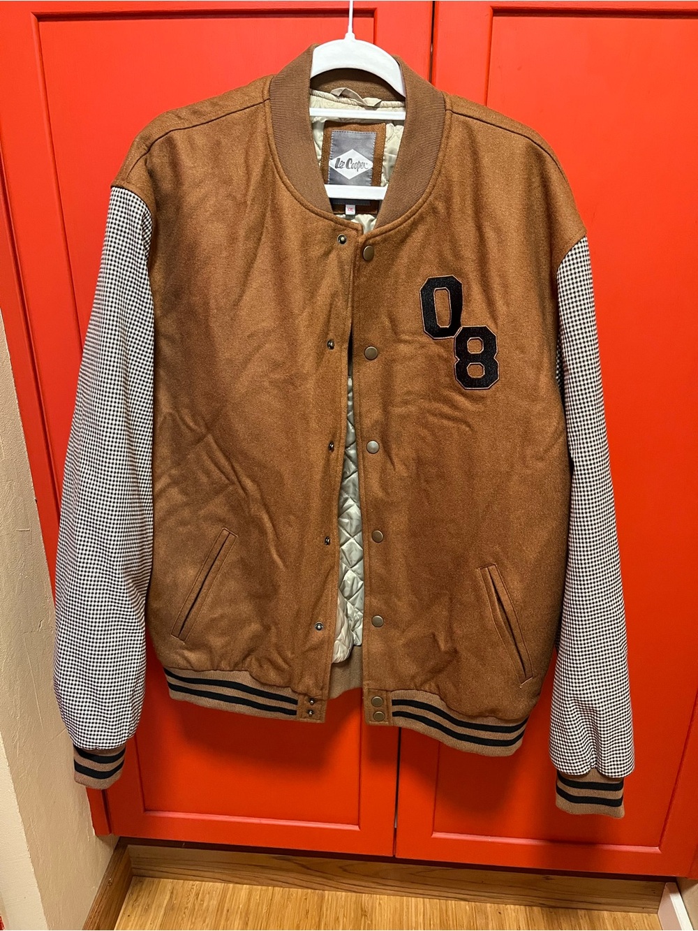 Le Coq Sportif Brown Contrast-Sleeve Varsity Bomber Jacket